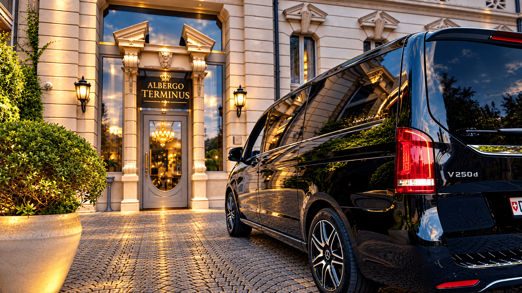 Globetransporte Mercedes-Benz chauffeur vehicle at Albergo Terminus Como after a private transfer from Zurich Airport