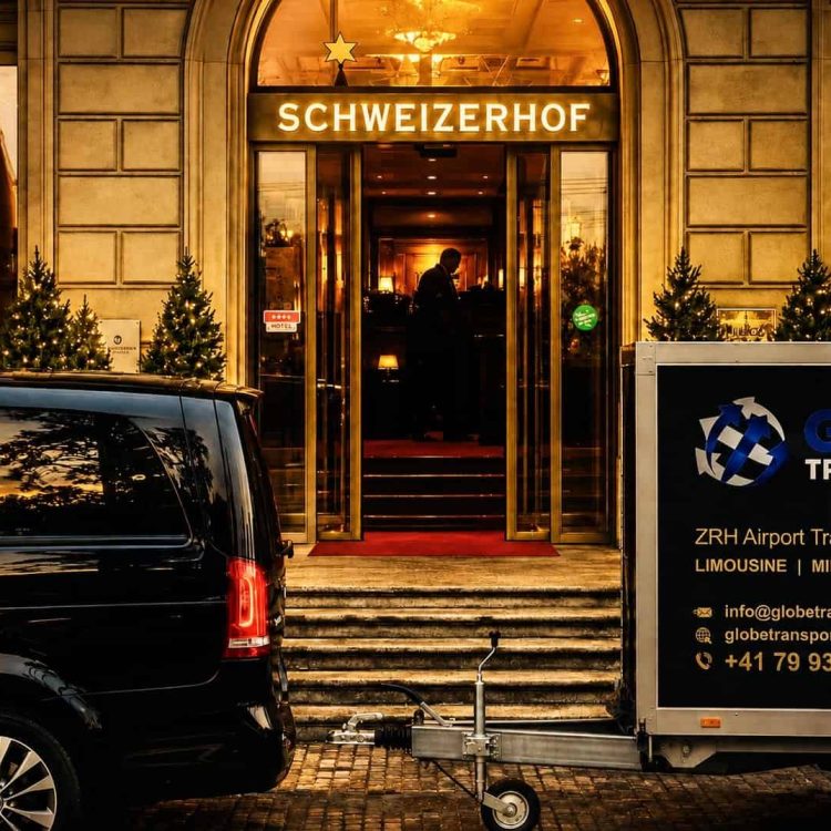 Mercedes-Benz V-Class at Hotel Schweizerhof Luzern with five passengers and luggage.