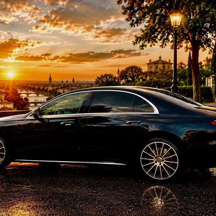 Mercedes-Benz S 450 waiting for passengers in Spiez, Switzerland.