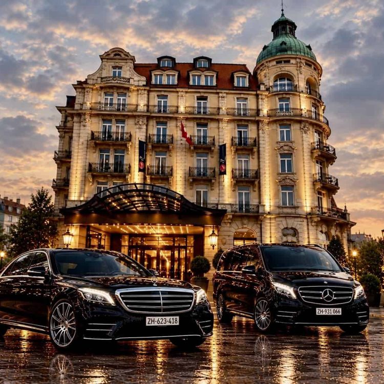 Black Mercedes-Benz S-Class 450 and V-Class 250 operated by Globetransporte outside Mandarin Oriental Palace, Luzern, ready for a private transfer to Geneva.