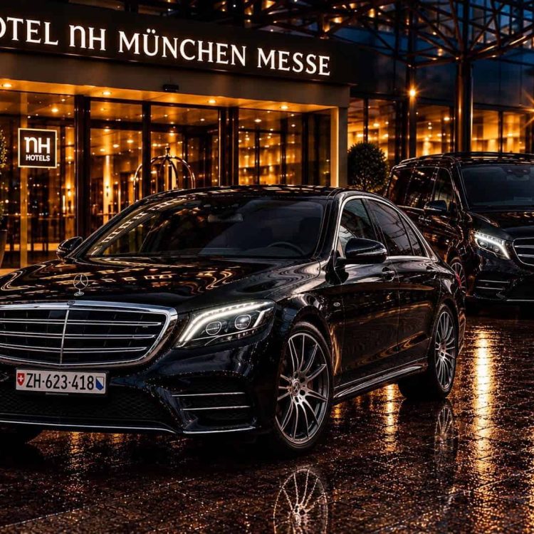 Globetransporte Mercedes-Benz S 450 and V-Class parked outside München Messe Hotel after a private transfer from Zurich Airport.