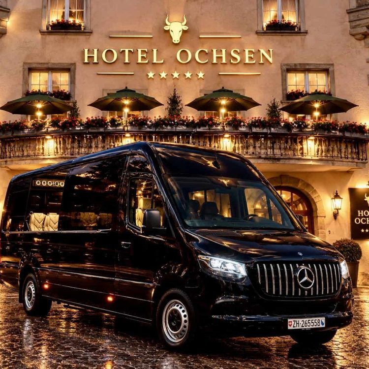 Globetransporte rare Mercedes-Benz Cabrio parked in front of Hotel Ochsen in Zug for a private tour to Rhine Falls Schaffhausen