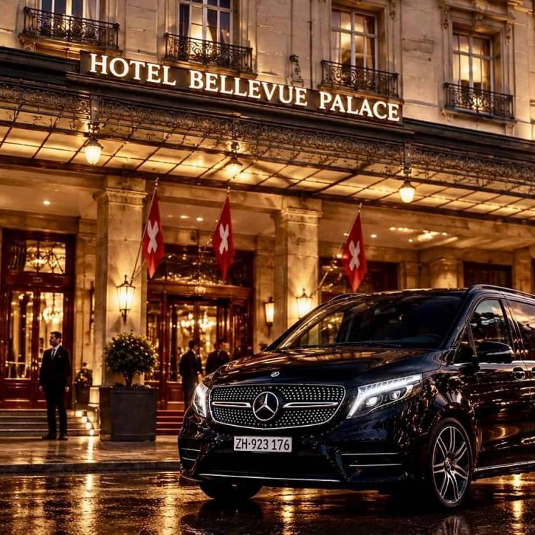 Globetransporte Mercedes-Benz V-Class parked in front of Hotel Bellevue Palace Bern after Zurich Airport transfer