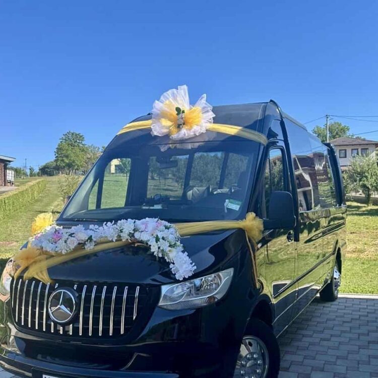 Elegant black Mercedes-Benz van decorated for wedding transportation, adorned with white and yellow flowers, ribbons, and tulle, parked in a scenic residential area on a sunny day.