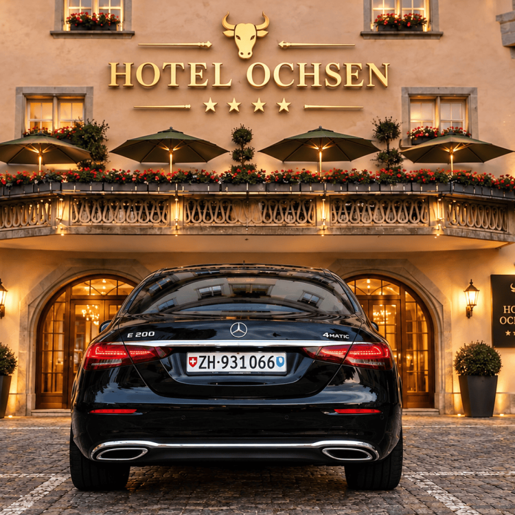 Black Mercedes-Benz E 200 4MATIC chauffeur car parked in front of HOTEL OCHSEN after a passenger transfer from Milan.