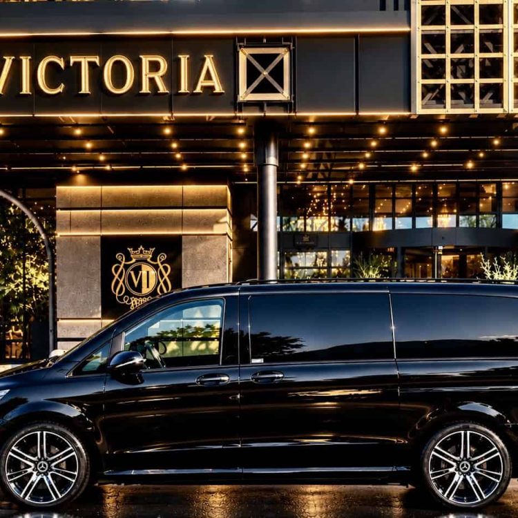 Globetransporte Mercedes V-Class at Victoria-Jungfrau Interlaken ready for private transfer to Salzburg Austria