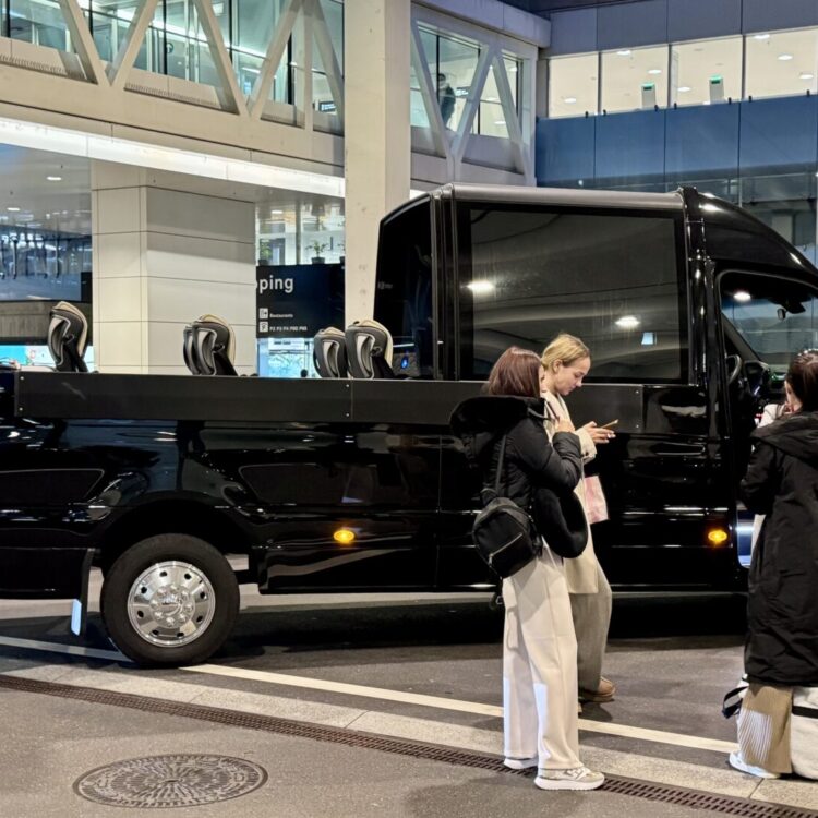 Globetransporte Sprinter Van at Zurich Airport Terminal 2 with guests before transfer to Bad Ragaz