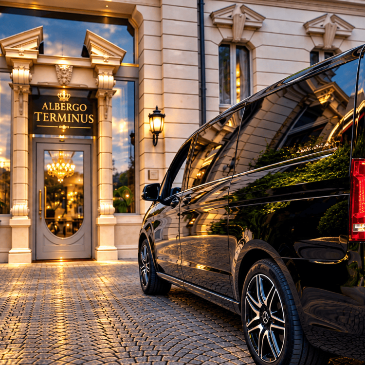 Globetransporte Mercedes-Benz chauffeur vehicle at Albergo Terminus Como after a private transfer from Zurich Airport