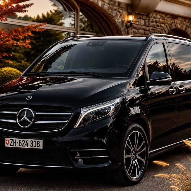 Globetransporte Mercedes-Benz V-Class parked outside Park Hotel Vitznau after a private transfer from Zurich Airport.