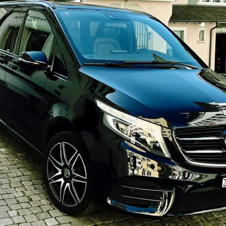 Luxury Mercedes-Benz van providing premium airport transfer services in Zurich, Switzerland. Comfortable, reliable, and professional transportation for travelers arriving or departing from Zurich Airp.